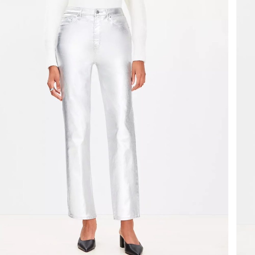 Loft Curvy Coated High Rise Straight Jeans in Silver Metallic